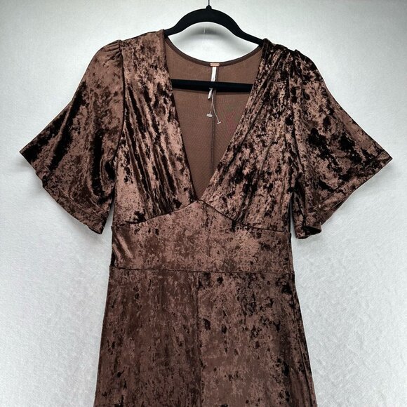 Free People Jumpsuit XS Night Fever Velvet Plunge Flutter Sleeve Wide Leg Brown - Picture 4 of 15